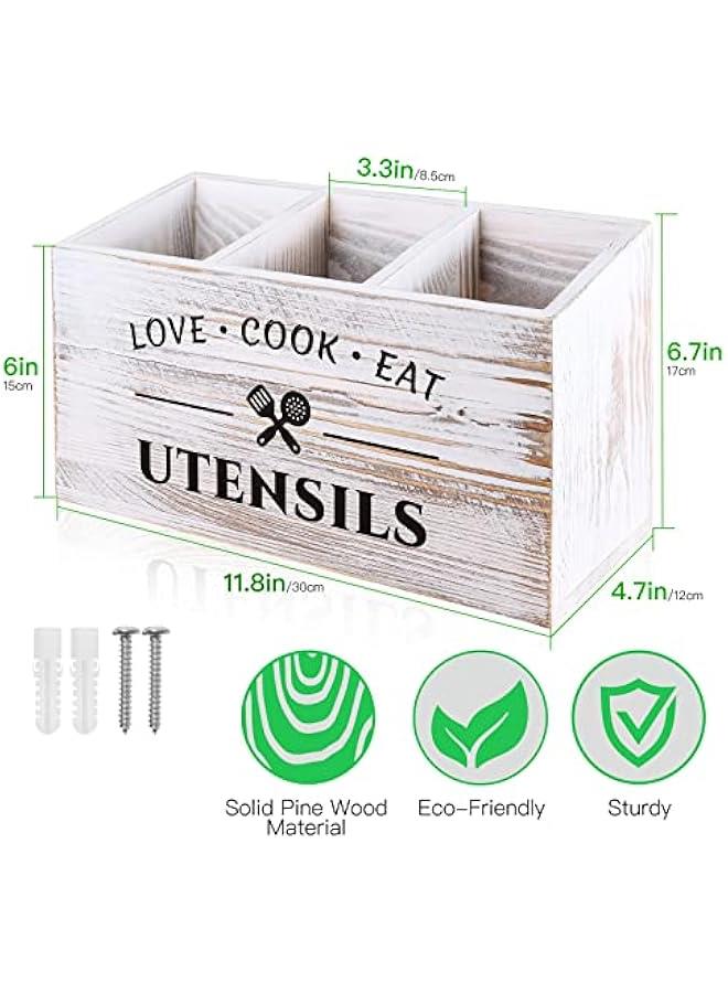 Wood Kitchen Utensil Caddy with 3 Compartments, Rustic Farmhouse Style, Ideal for Storage and Organization, White - Image 2